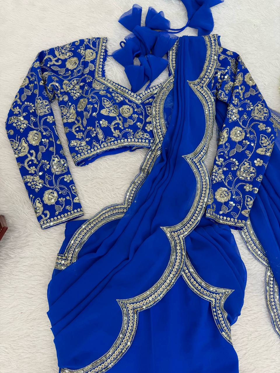 Viral Elegant Thread & Sequence Embroidery Ruffle Style Saree