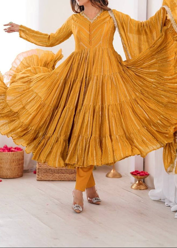 Real Mirror With Handwork Mal Chanderi Anarkali Set