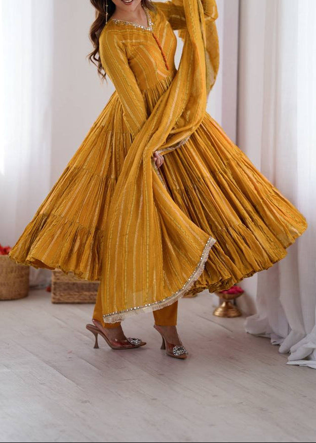 Real Mirror With Handwork Mal Chanderi Anarkali Set