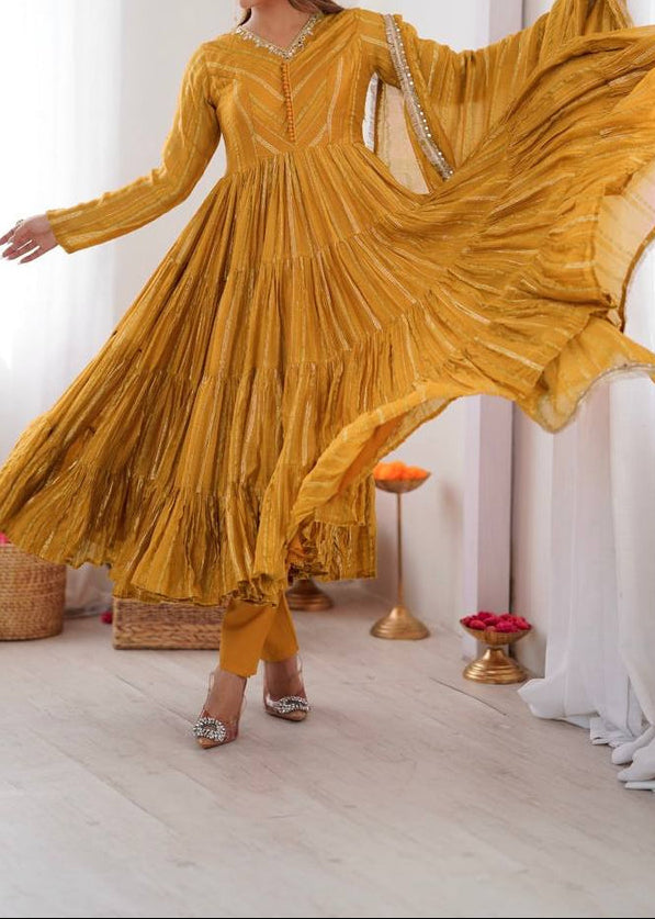 Real Mirror With Handwork Mal Chanderi Anarkali Set