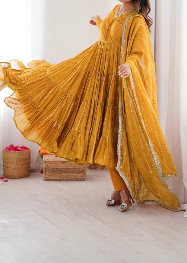 Real Mirror With Handwork Mal Chanderi Anarkali Set