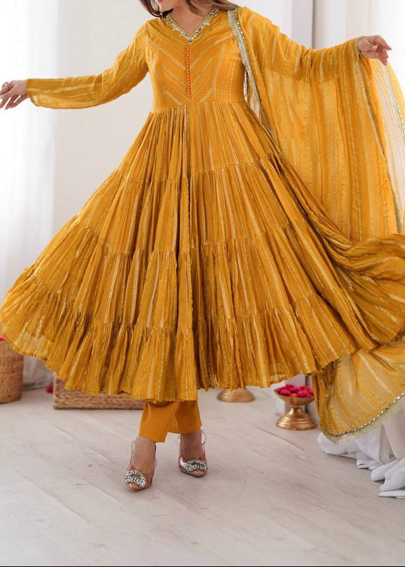 Real Mirror With Handwork Mal Chanderi Anarkali Set