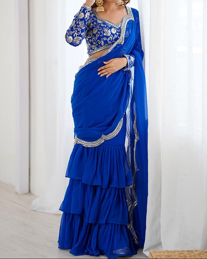 Viral Elegant Thread & Sequence Embroidery Ruffle Style Saree