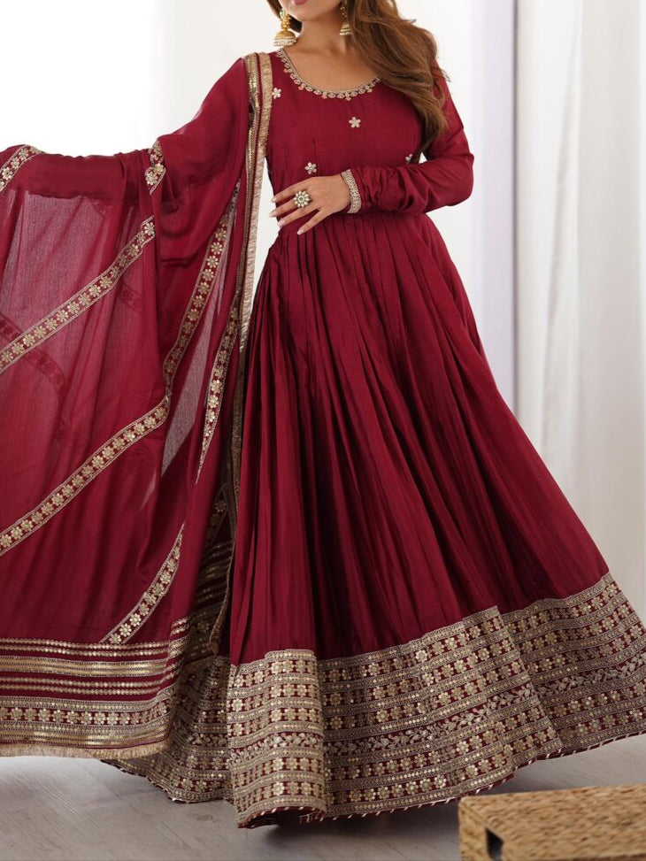 Chinon & Thread With Sequence  Lace Border Heavy Anarkali Suit Set