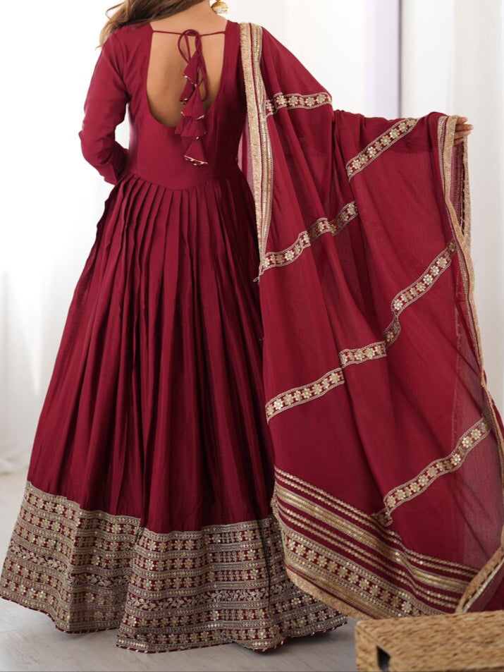 Chinon & Thread With Sequence  Lace Border Heavy Anarkali Suit Set