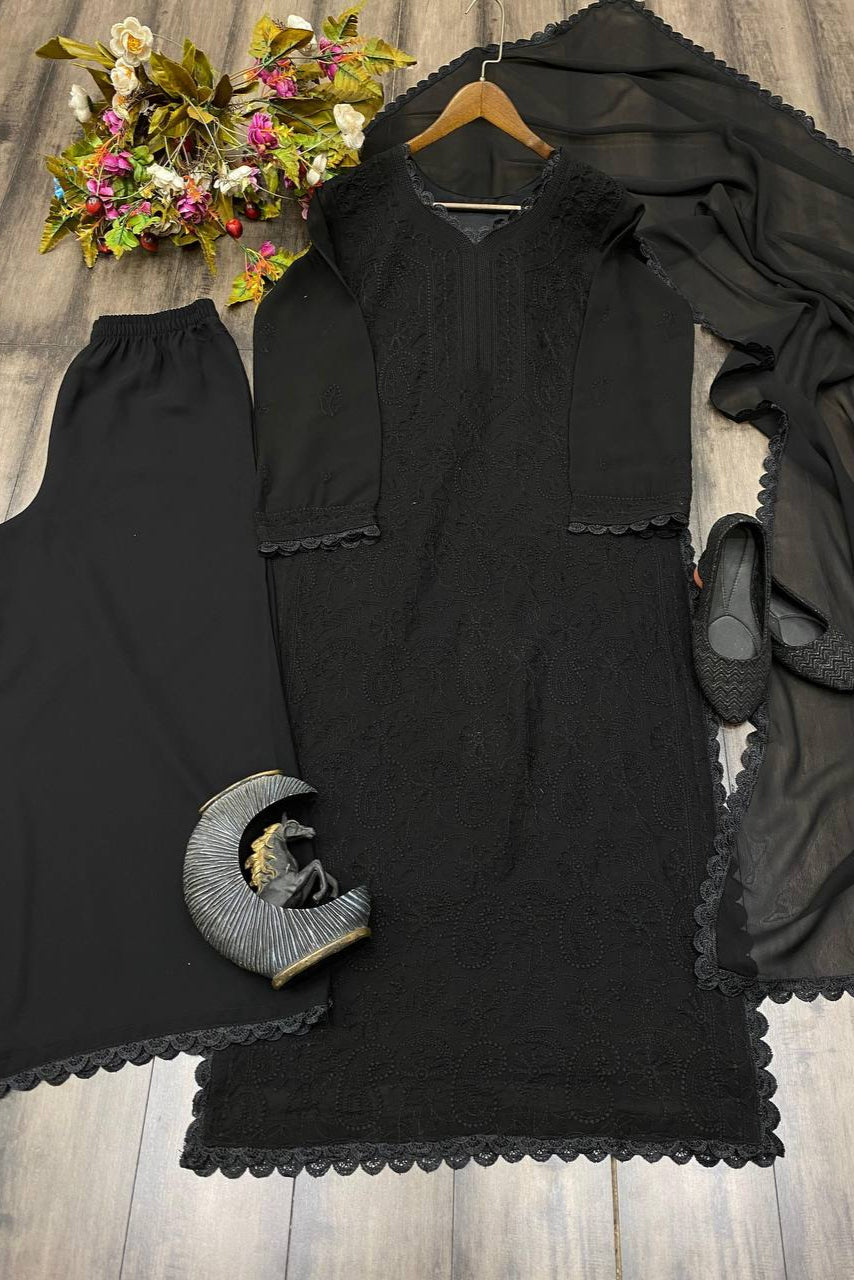 Cotton Thread Embroidery Work With Lace Work Top Palazzo & Dupatta