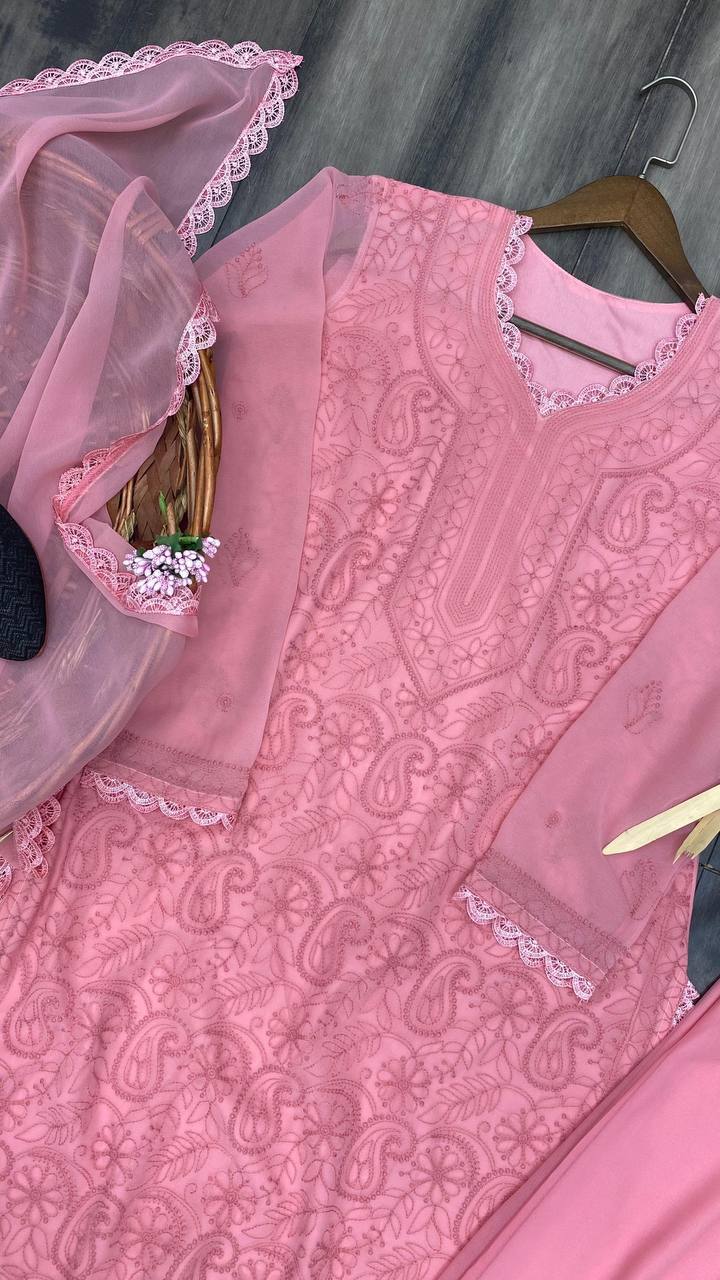 Cotton Thread Embroidery Work With Lace Work Top Palazzo & Dupatta