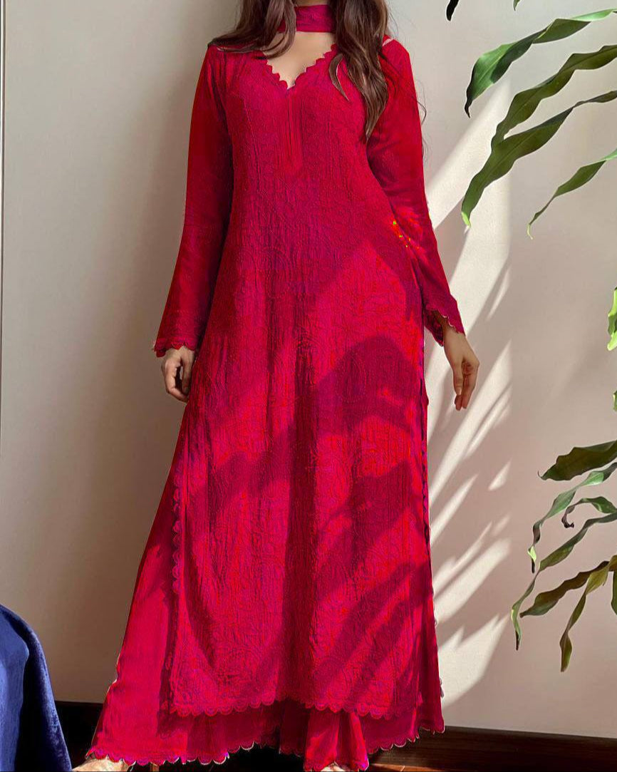 Cotton Thread Embroidery Work With Lace Work Top Palazzo & Dupatta