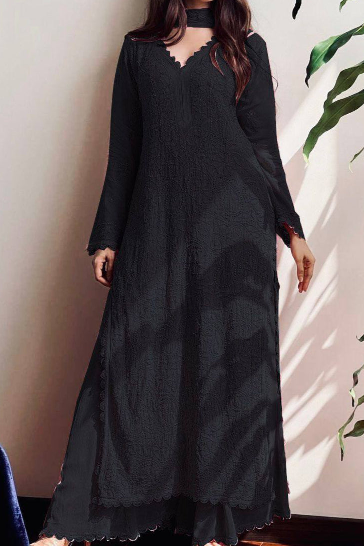 Cotton Thread Embroidery Work With Lace Work Top Palazzo & Dupatta