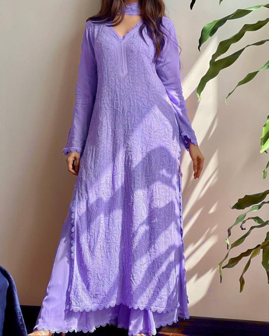 Cotton Thread Embroidery Work With Lace Work Top Palazzo & Dupatta