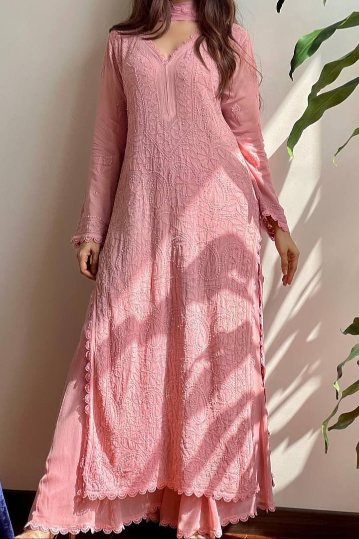 Cotton Thread Embroidery Work With Lace Work Top Palazzo & Dupatta