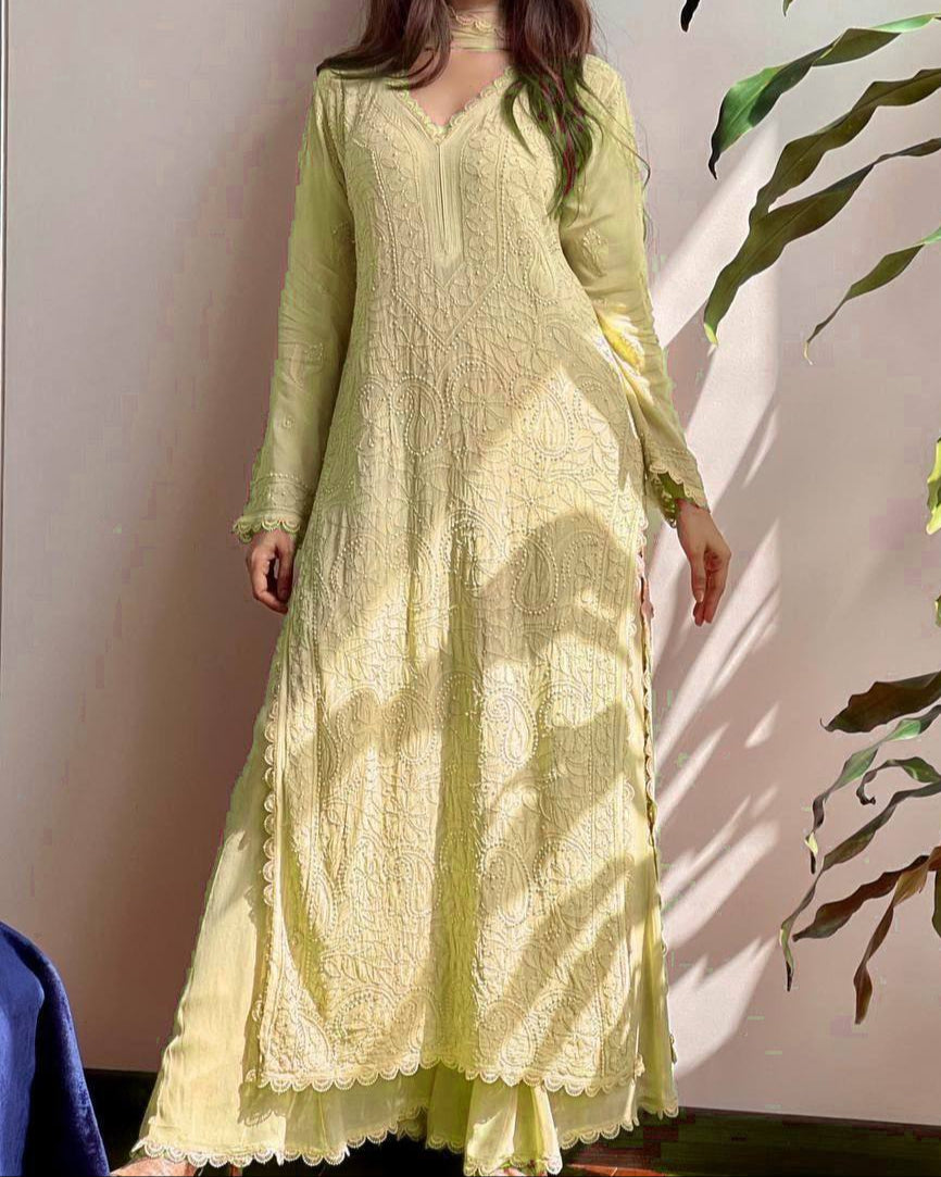 Cotton Thread Embroidery Work With Lace Work Top Palazzo & Dupatta