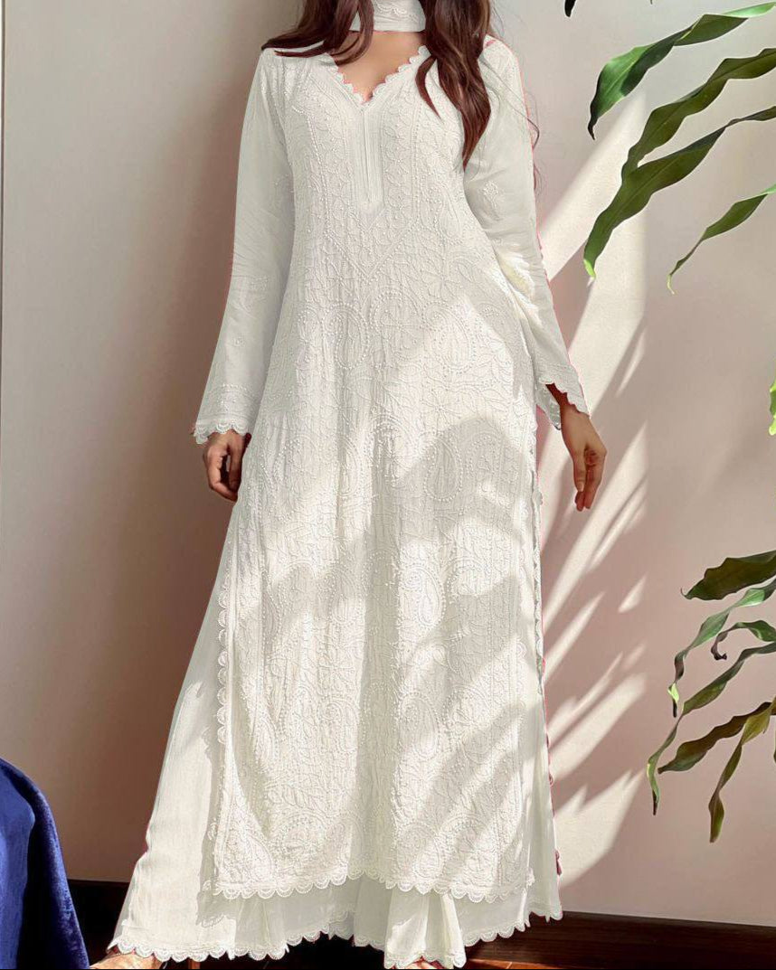 Cotton Thread Embroidery Work With Lace Work Top Palazzo & Dupatta