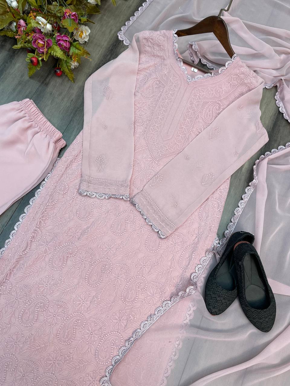 Cotton Thread Embroidery Work With Lace Work Top Palazzo & Dupatta