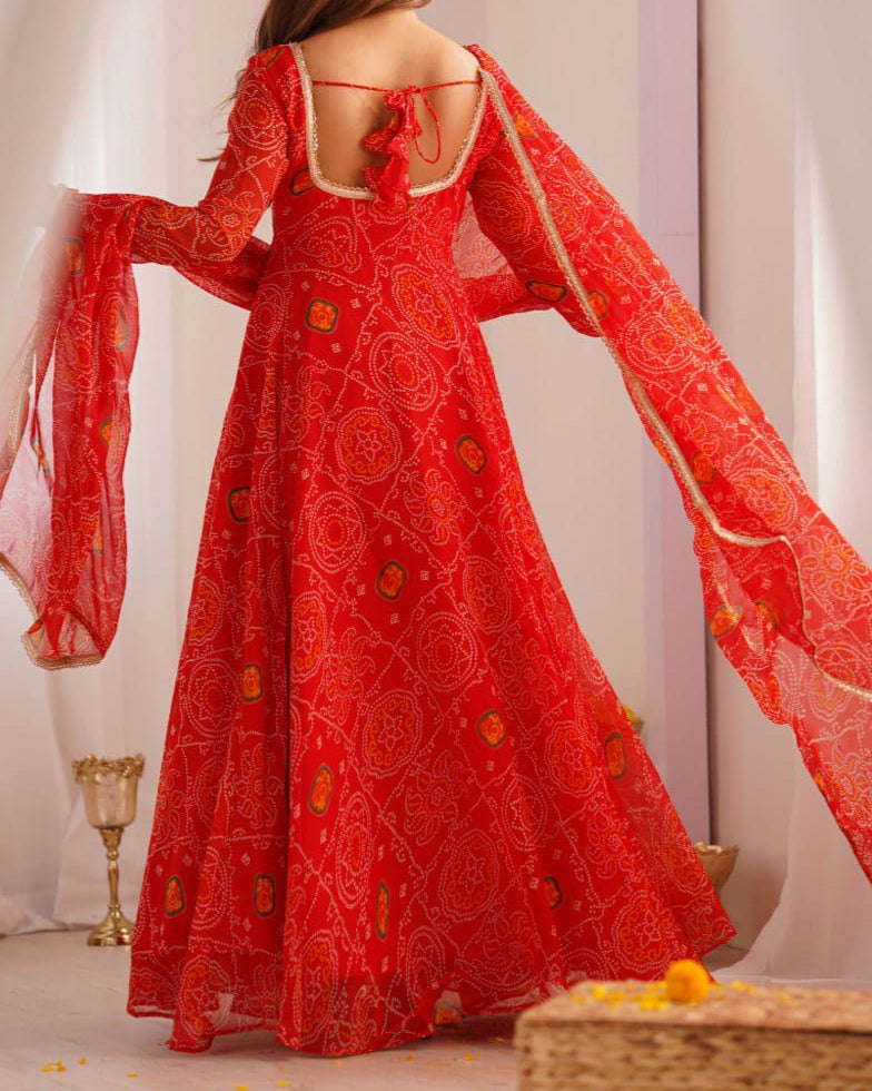 Pure Soft Lightweight Chiffon Bandhej Fully Flair Anarkali Set