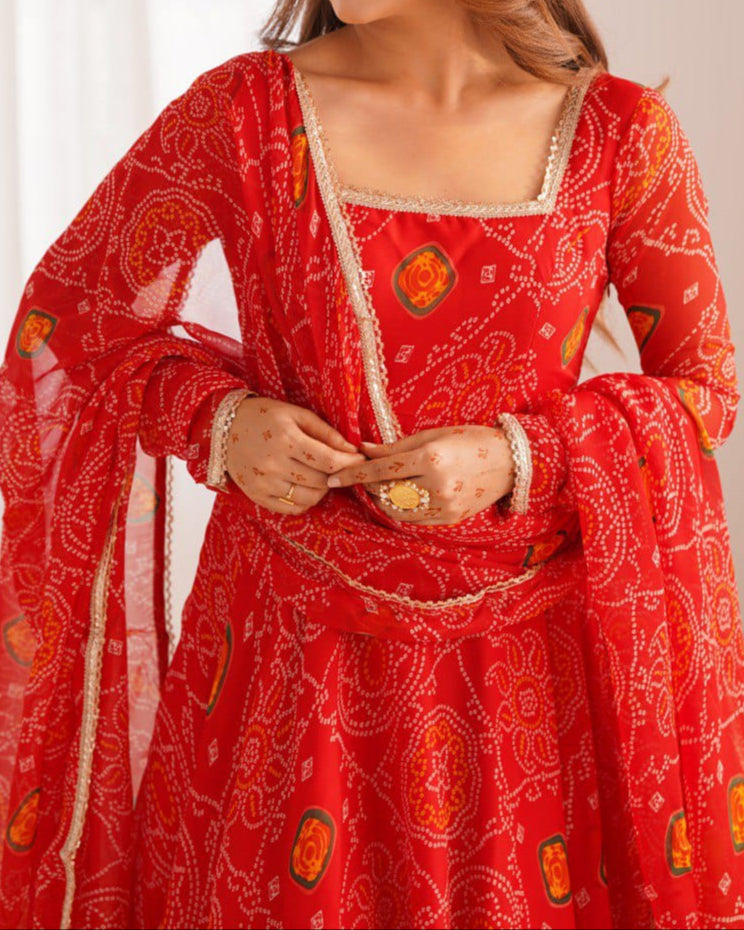 Pure Soft Lightweight Chiffon Bandhej Fully Flair Anarkali Set