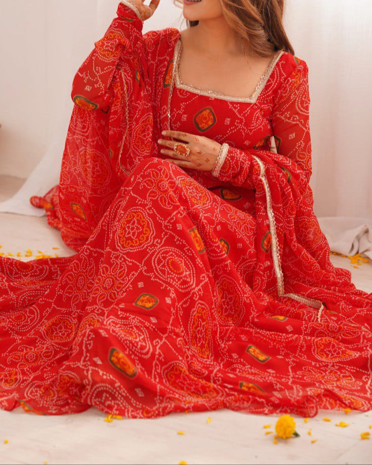 Pure Soft Lightweight Chiffon Bandhej Fully Flair Anarkali Set