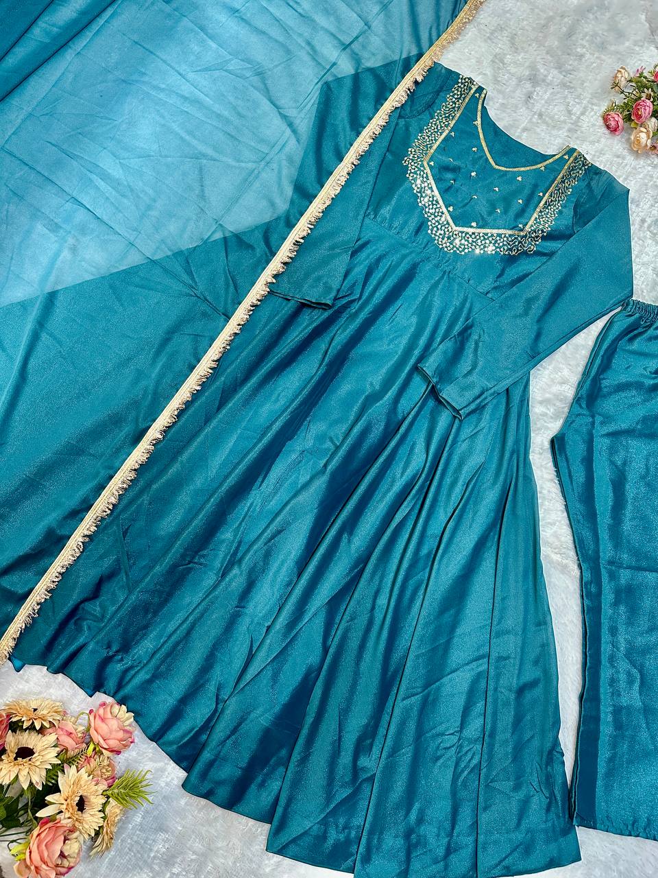 Party Wear Anarkali Suit With Four Side Lace Work Dupatta