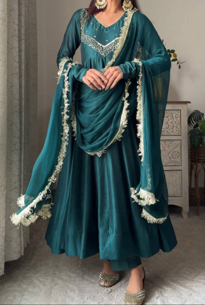 Party Wear Anarkali Suit With Four Side Lace Work Dupatta