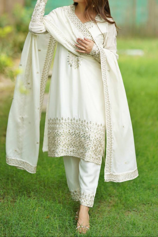 Pure Chinon Silk Fabric Straight Fit Kurta Set