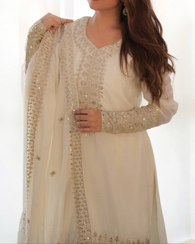 Pure Chinon Silk Fabric Straight Fit Kurta Set