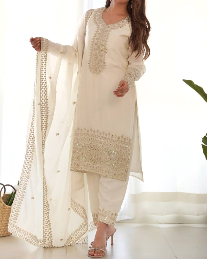 Pure Chinon Silk Fabric Straight Fit Kurta Set