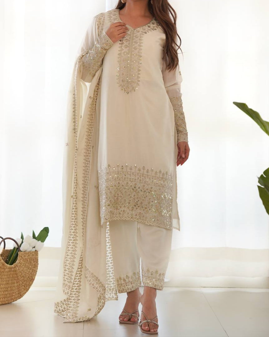 Pure Chinon Silk Fabric Straight Fit Kurta Set