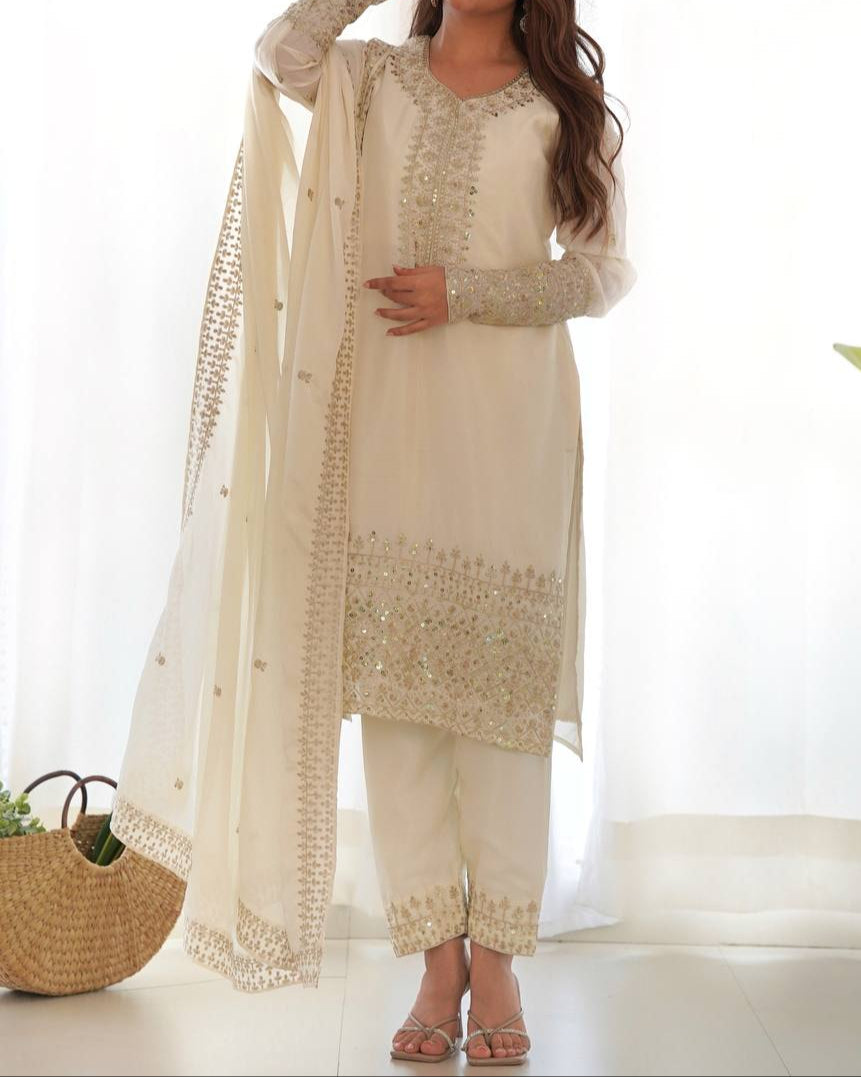 Pure Chinon Silk Fabric Straight Fit Kurta Set