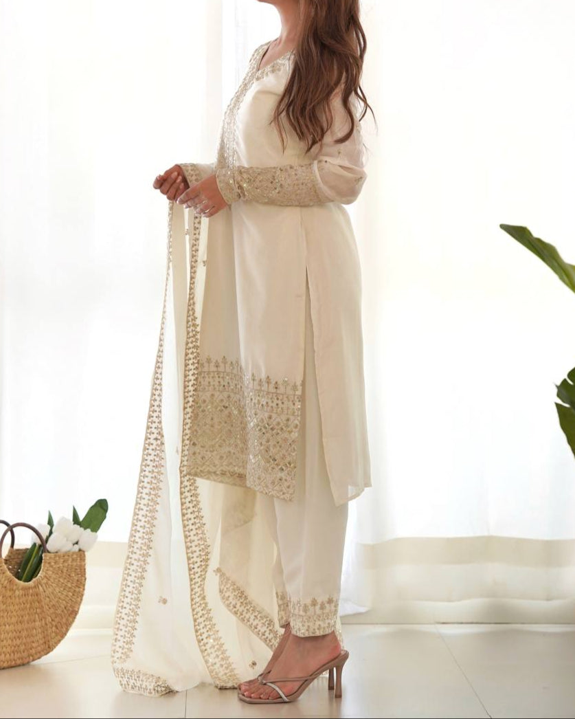 Pure Chinon Silk Fabric Straight Fit Kurta Set