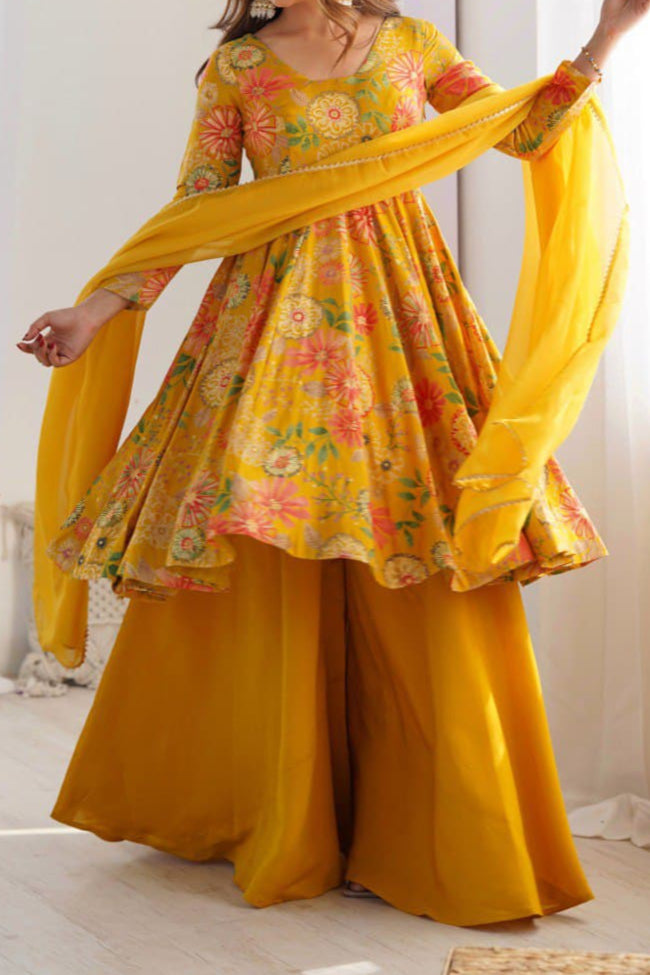 Haldi Special Kediya Kurti With Heavy Flair Palazzo & Dupatta