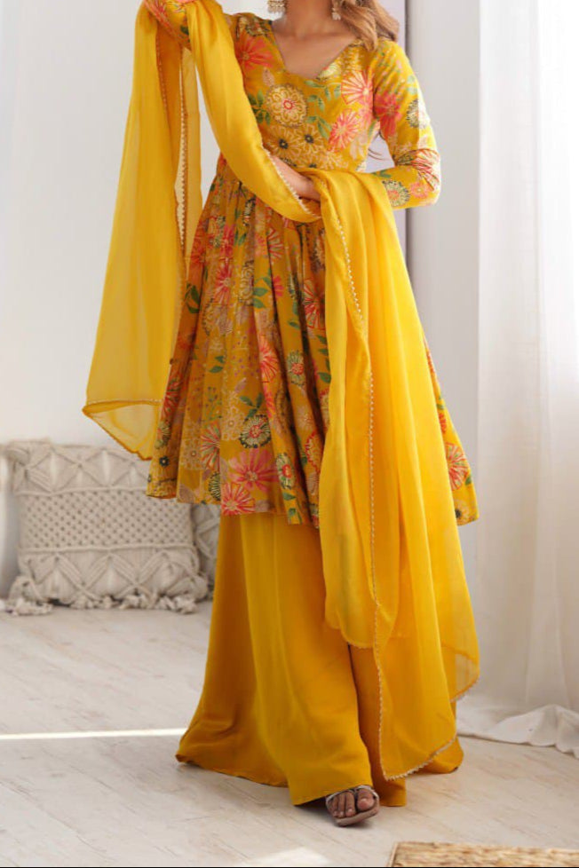 Haldi Special Kediya Kurti With Heavy Flair Palazzo & Dupatta