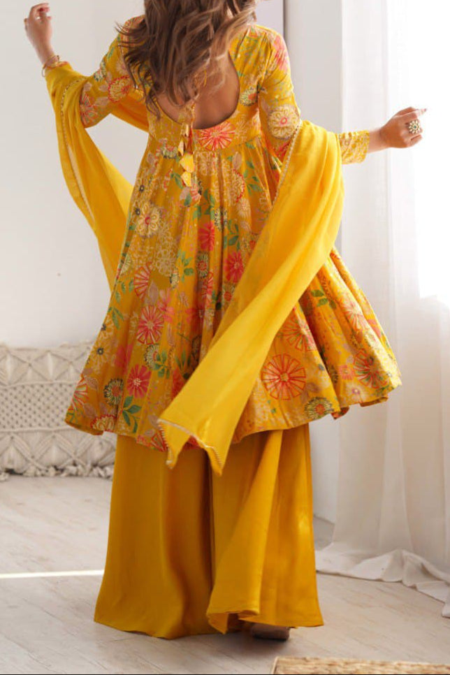 Haldi Special Kediya Kurti With Heavy Flair Palazzo & Dupatta