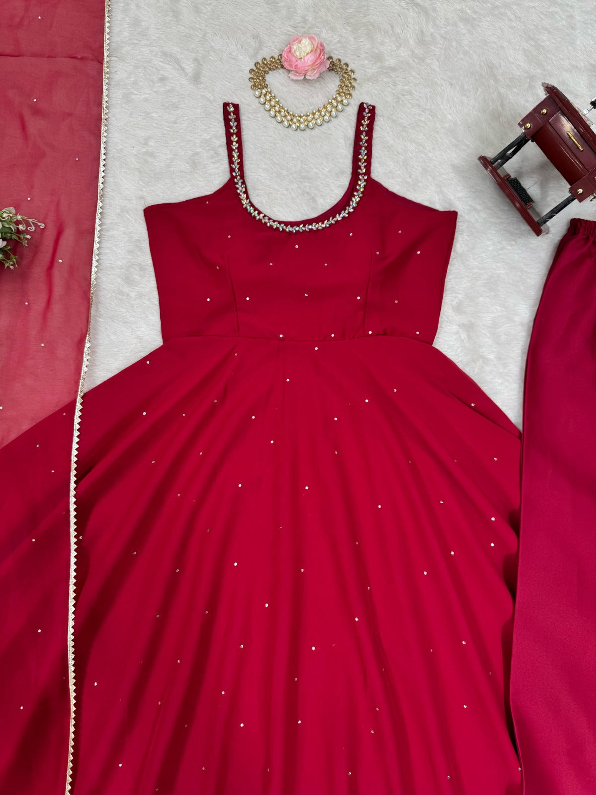 Real Mirror Work With Diamond Work Gown Pent & Dupatta