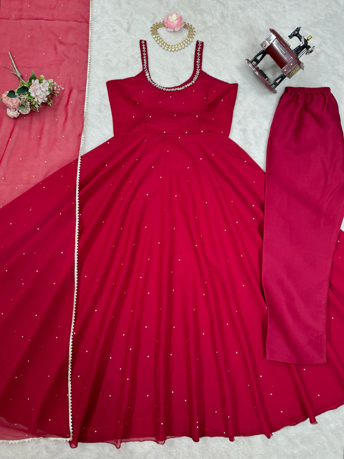 Real Mirror Work With Diamond Work Gown Pent & Dupatta