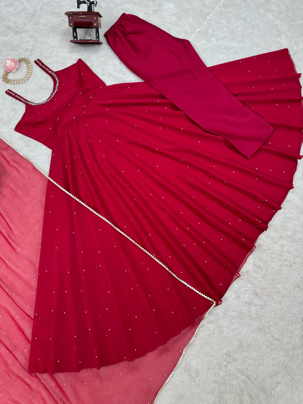 Real Mirror Work With Diamond Work Gown Pent & Dupatta