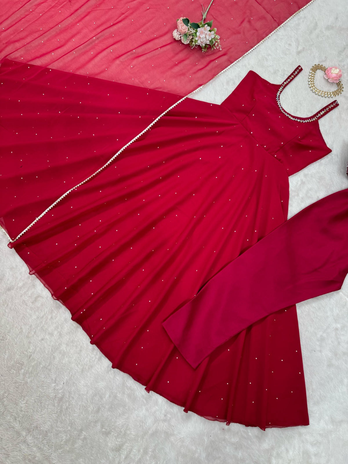 Real Mirror Work With Diamond Work Gown Pent & Dupatta