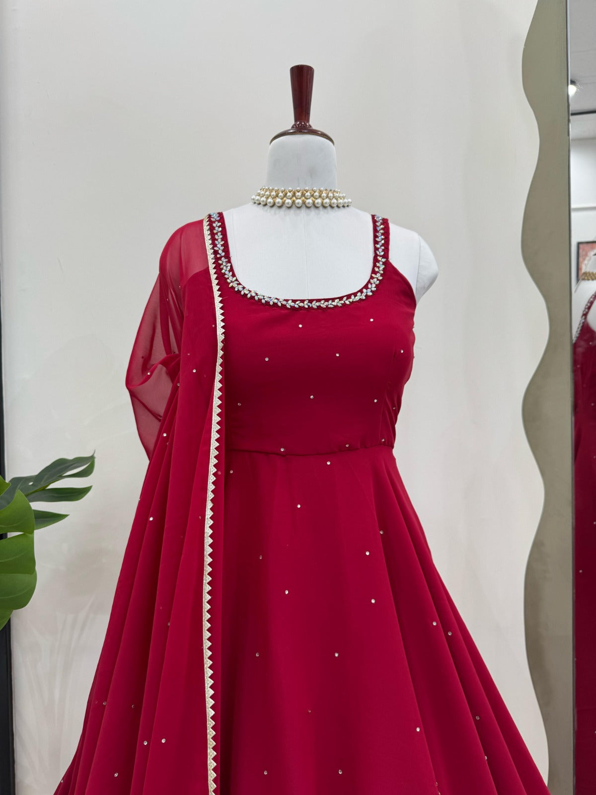 Real Mirror Work With Diamond Work Gown Pent & Dupatta