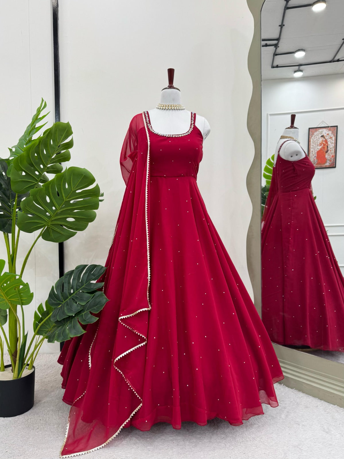 Real Mirror Work With Diamond Work Gown Pent & Dupatta