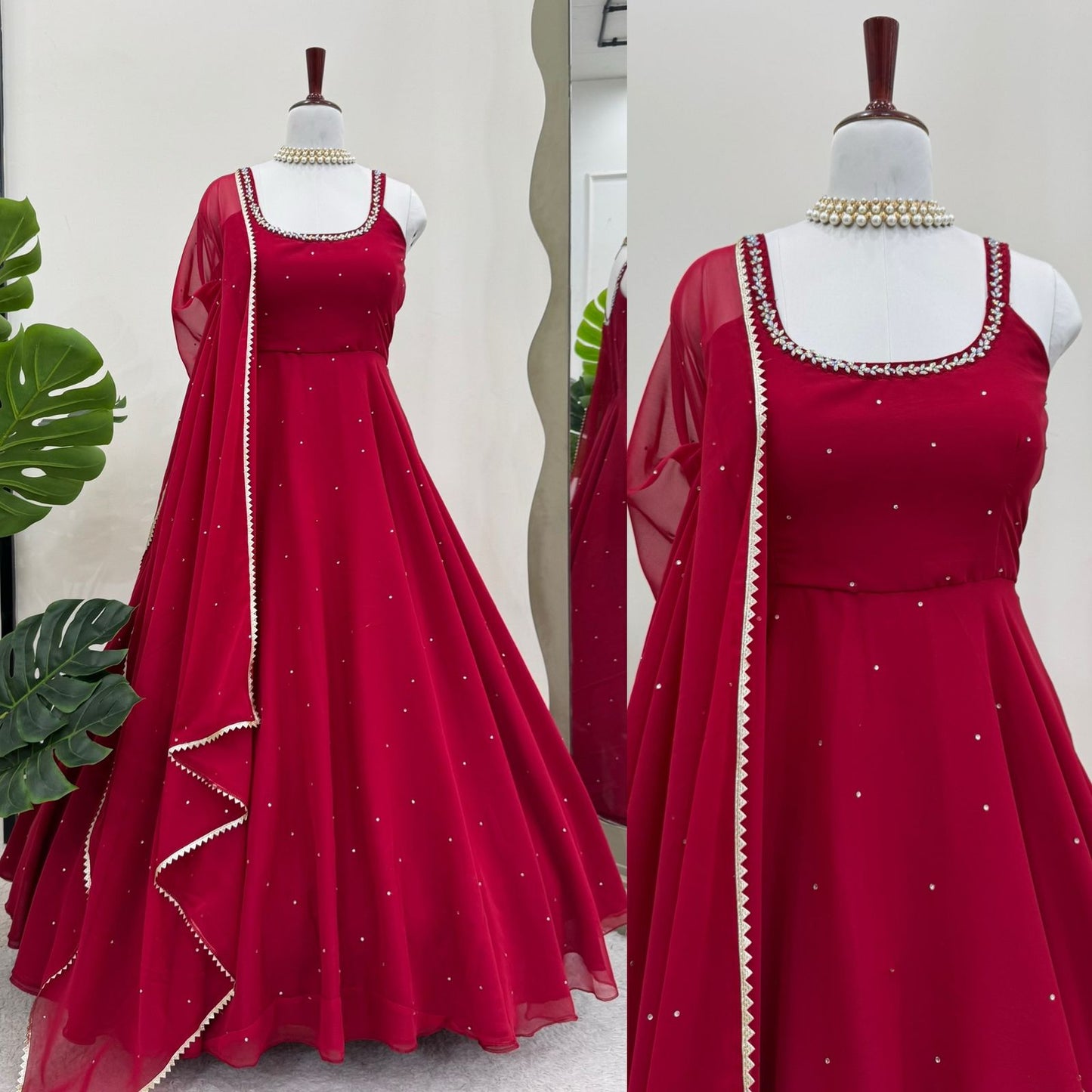 Real Mirror Work With Diamond Work Gown Pent & Dupatta