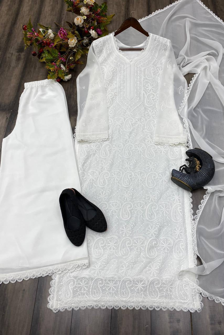 Cotton Thread Embroidery Work With Lace Work Top Palazzo & Dupatta