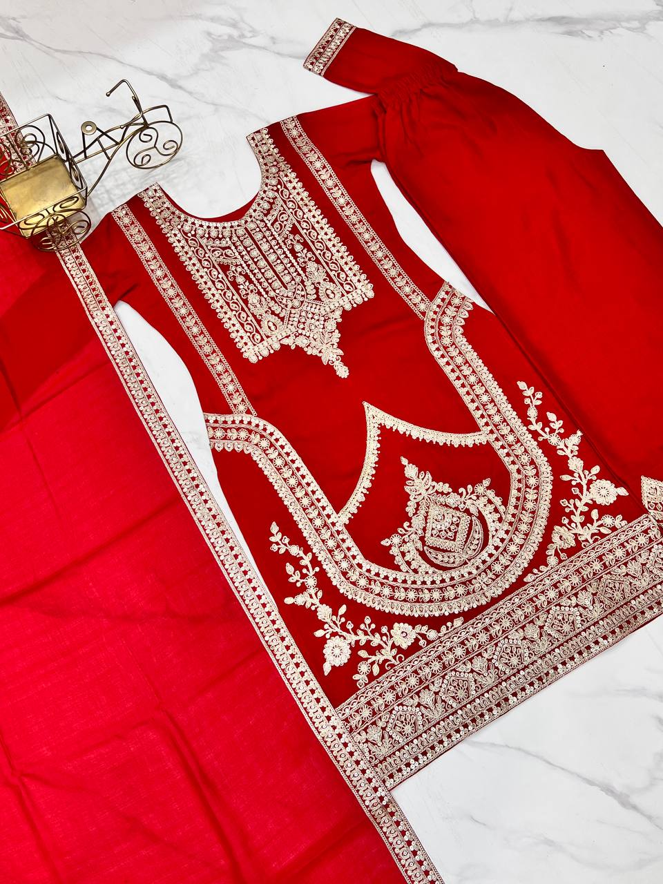 Presenting Pure Vichitra Silk Fabric Straight Fit Kurta With Dupatta Set