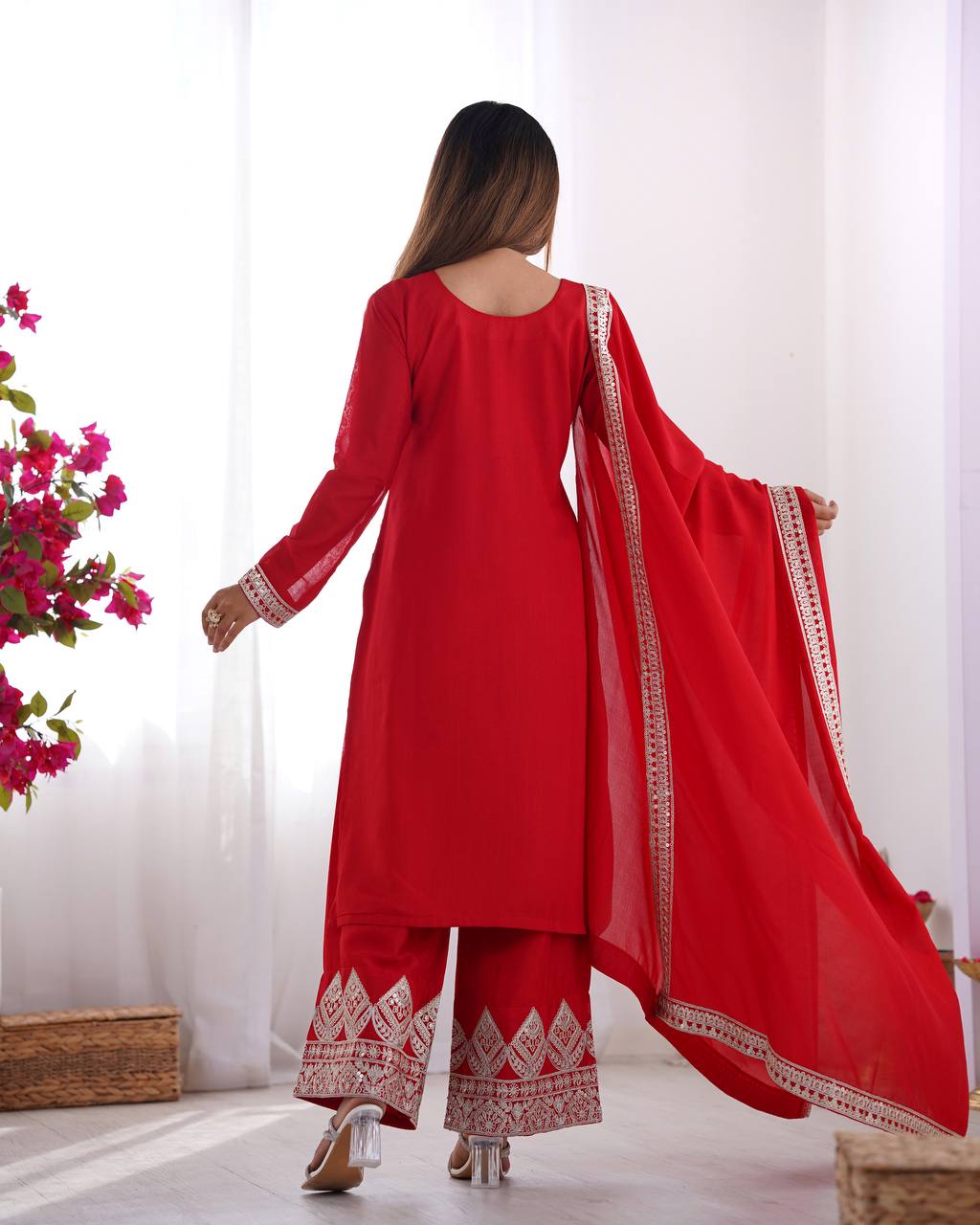 Presenting Pure Vichitra Silk Fabric Straight Fit Kurta With Dupatta Set