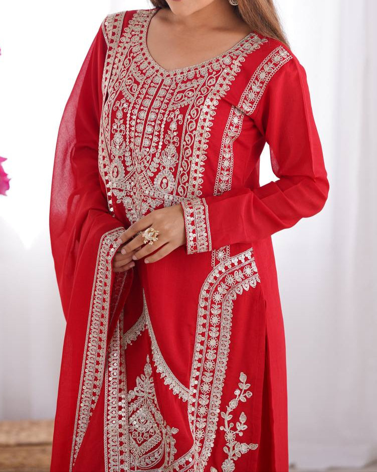 Presenting Pure Vichitra Silk Fabric Straight Fit Kurta With Dupatta Set