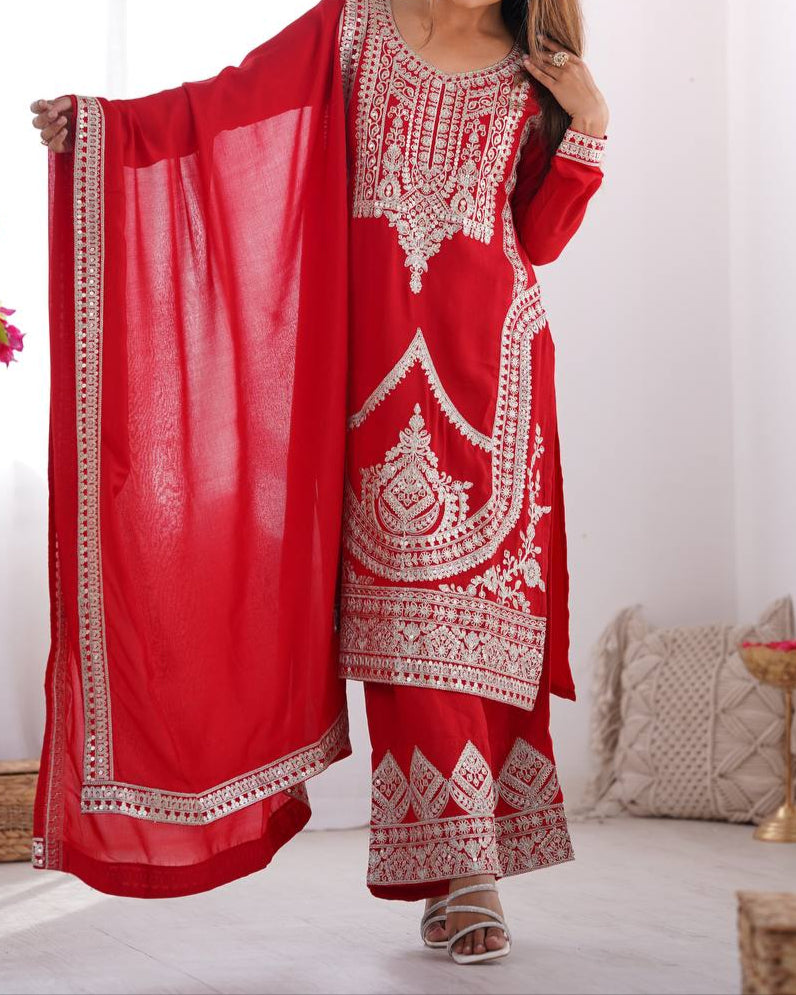 Presenting Pure Vichitra Silk Fabric Straight Fit Kurta With Dupatta Set