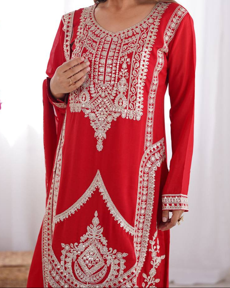 Presenting Pure Vichitra Silk Fabric Straight Fit Kurta With Dupatta Set