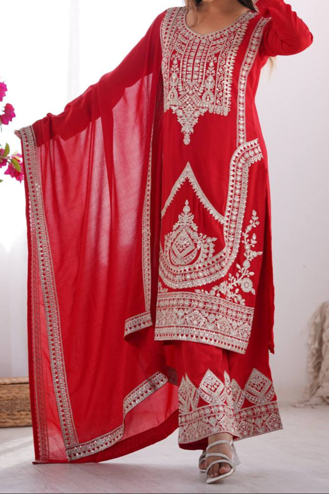 Presenting Pure Vichitra Silk Fabric Straight Fit Kurta With Dupatta Set