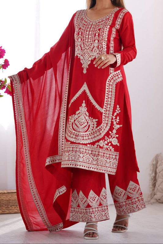 Presenting Pure Vichitra Silk Fabric Straight Fit Kurta With Dupatta Set