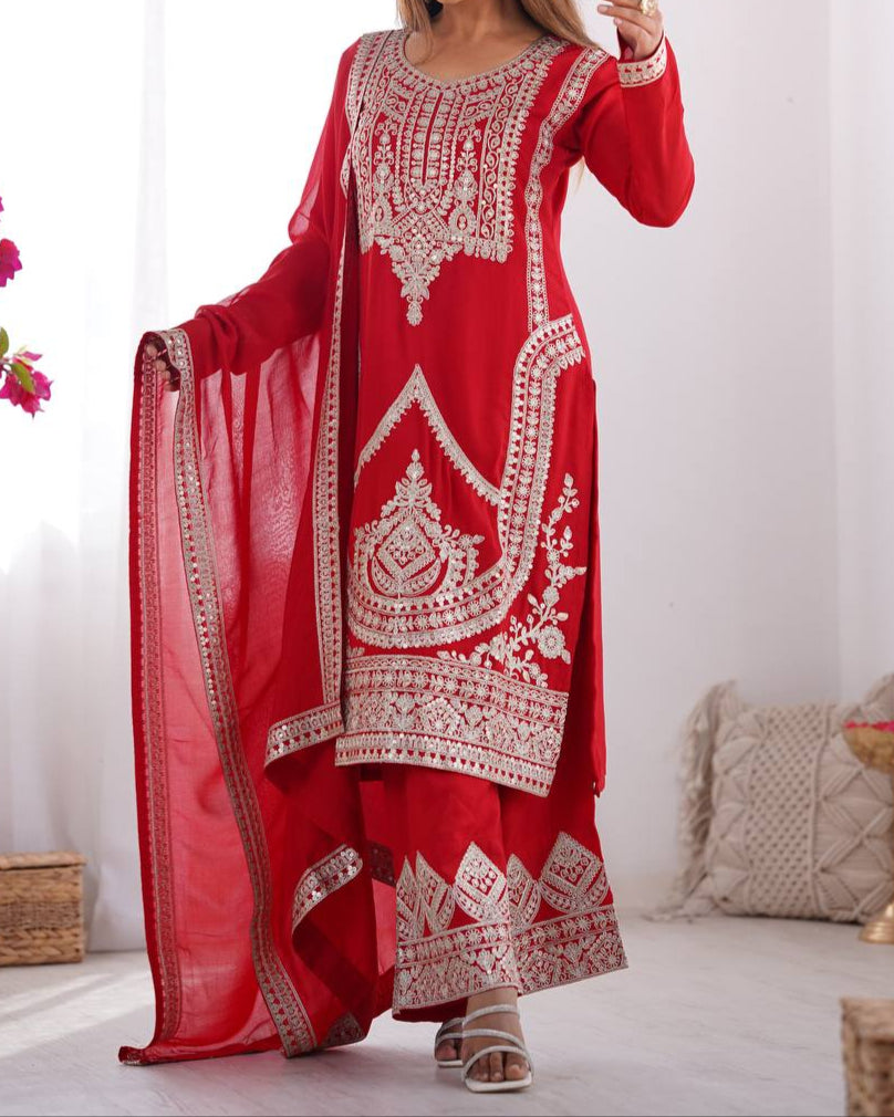 Presenting Pure Vichitra Silk Fabric Straight Fit Kurta With Dupatta Set