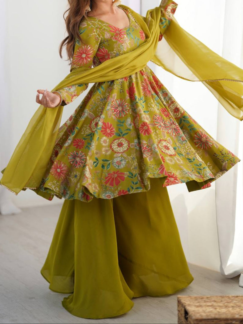 Haldi Special Kediya Kurti With Heavy Flair Palazzo & Dupatta