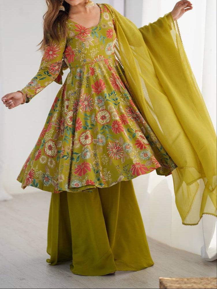 Haldi Special Kediya Kurti With Heavy Flair Palazzo & Dupatta